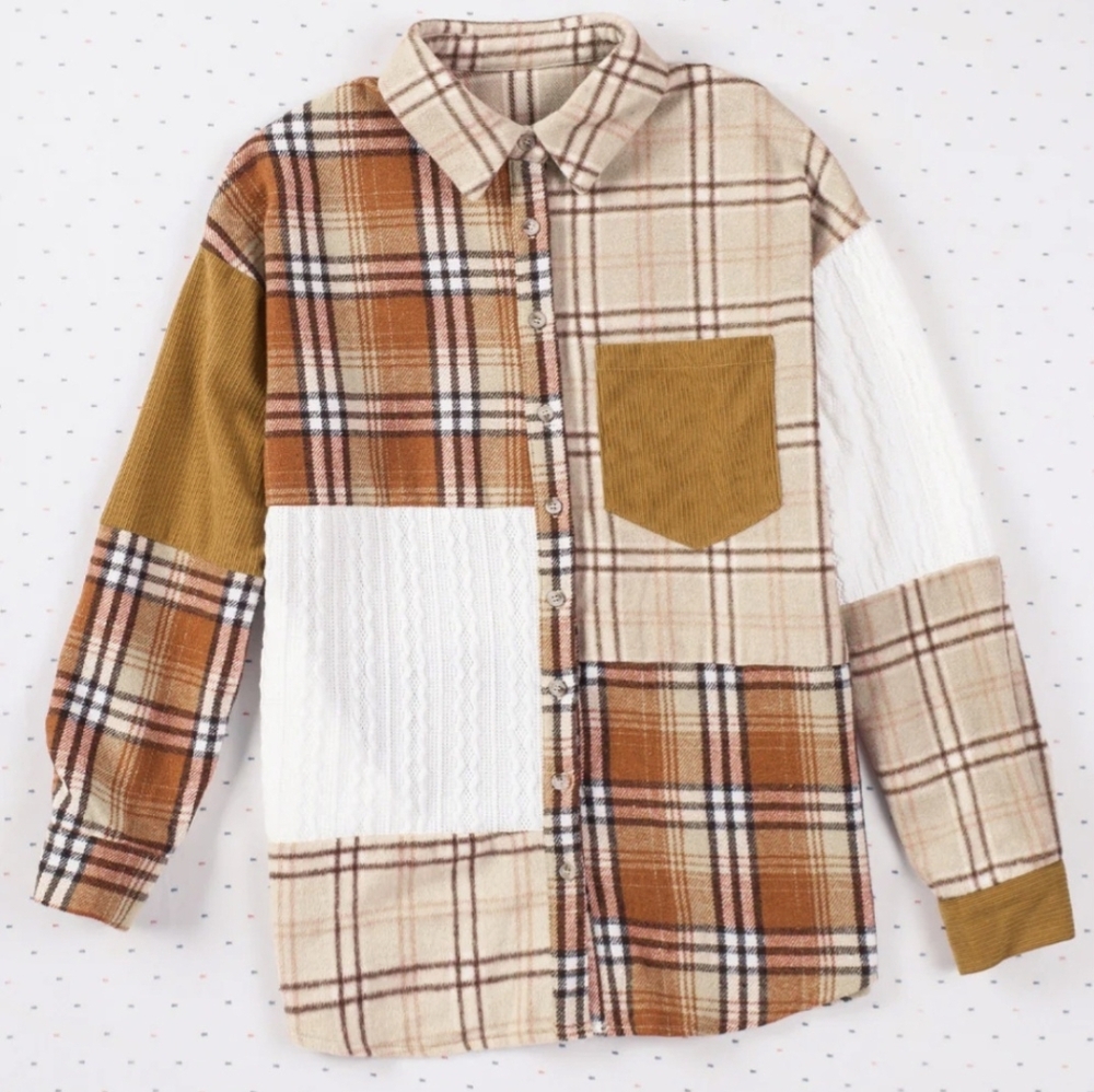 Soft & Cozy Plaid Patchwork Button-Up Shirt Large